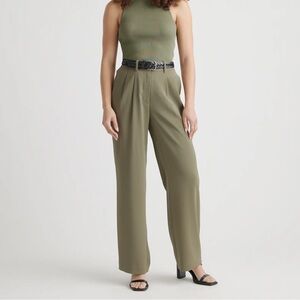 Quince stretch crepe pleated wide leg pant trousers olive green XS